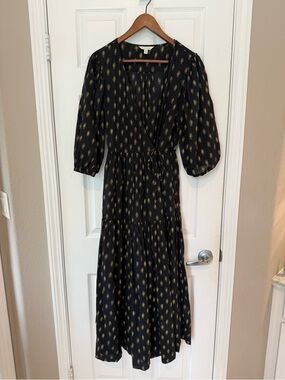 Black Maxi Wrap Dress with Gold Leaf Print